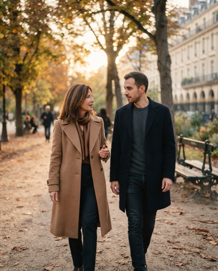Une femme et un homme plus jeune se promènent dans un parc parisien en automne